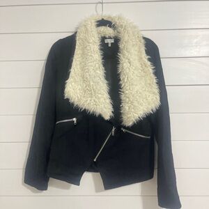 Black,TOBI Faux Fur Jacket W/ White Faux Fur and Silver zippers, Size: Medium